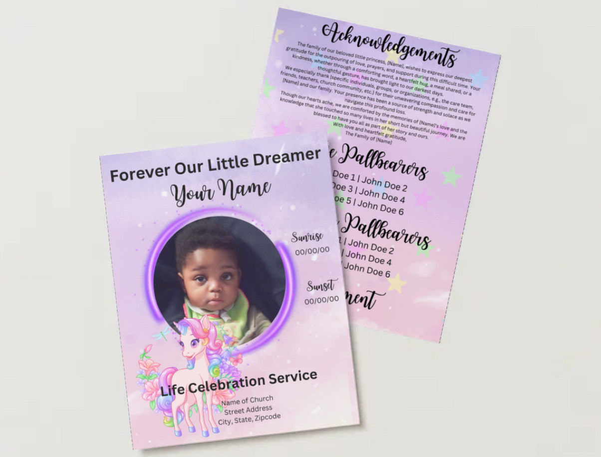 🦄 Forever Our Little Dreamer | Editable Unicorn-Themed 4-Page Canva Obituary Template