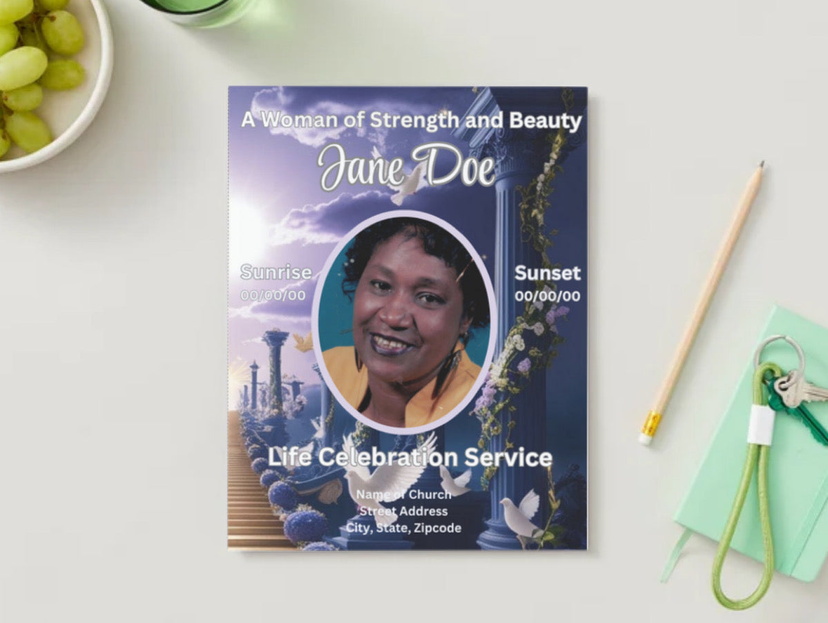 A Life Full of Love - Elegant Editable Canva Obituary Template (Heavenly Sky Theme)