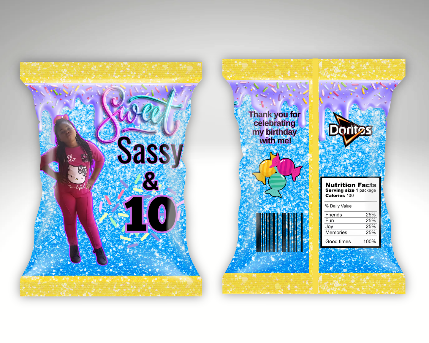 Editable “Sweet, Sassy & 10” Birthday Chip Bag Template – Glitter Candy Party Theme for Girls