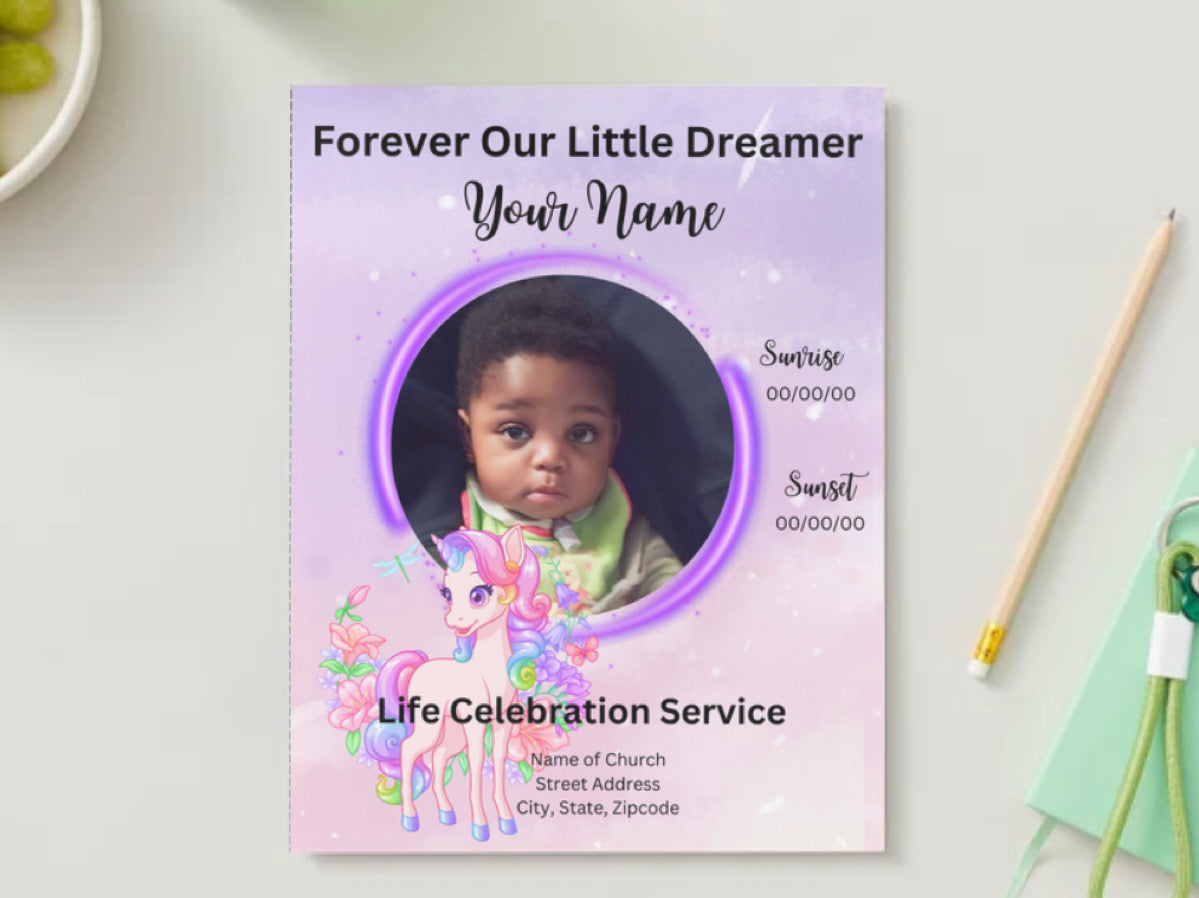 🦄 Forever Our Little Dreamer | Editable Unicorn-Themed 4-Page Canva Obituary Template