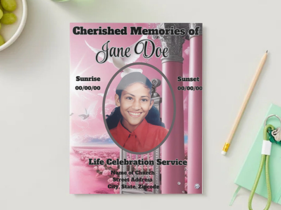 Cherished Memories: Elegant Pink Rose Obituary Canva Template