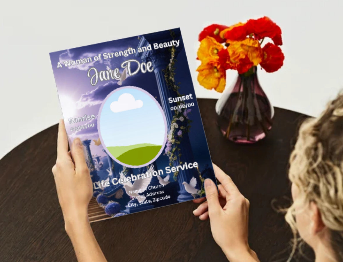 A Life Full of Love - Elegant Editable Canva Obituary Template (Heavenly Sky Theme)