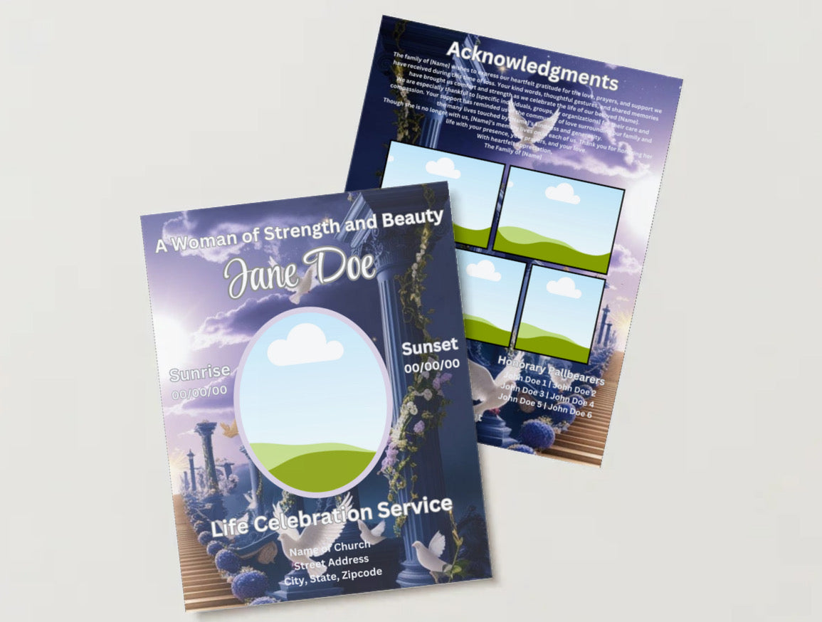 A Life Full of Love - Elegant Editable Canva Obituary Template (Heavenly Sky Theme)