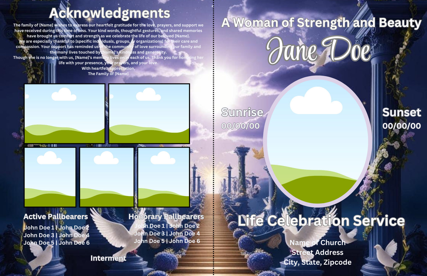 A Life Full of Love - Elegant Editable Canva Obituary Template (Heavenly Sky Theme)
