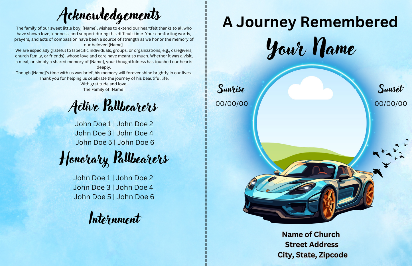 Race Car Themed Boy Obituary Template – Editable 4-Page Canva Funeral Program