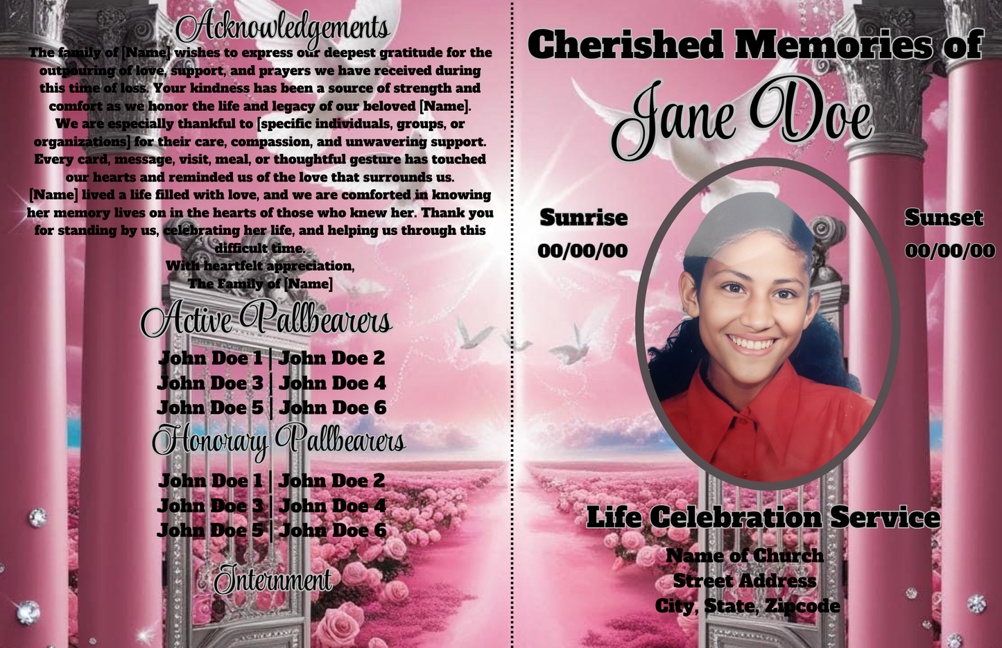 Cherished Memories: Elegant Pink Rose Obituary Canva Template