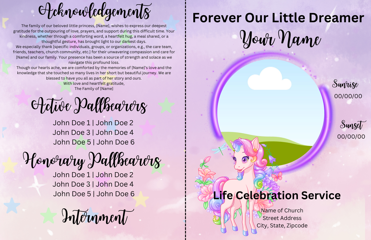 🦄 Forever Our Little Dreamer | Editable Unicorn-Themed 4-Page Canva Obituary Template