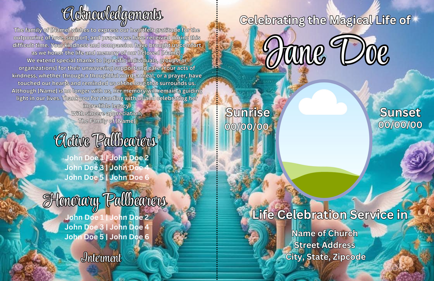 Editable Celestial Heaven Gates Obituary Template | 8-Page Pink and Blue Memorial Program | Canva Digital Funeral Booklet