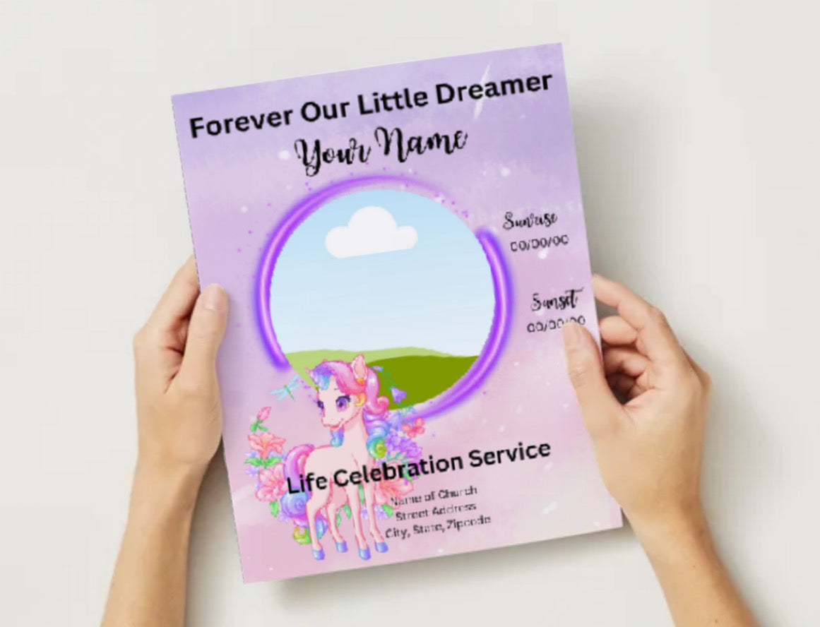 🦄 Forever Our Little Dreamer | Editable Unicorn-Themed 4-Page Canva Obituary Template