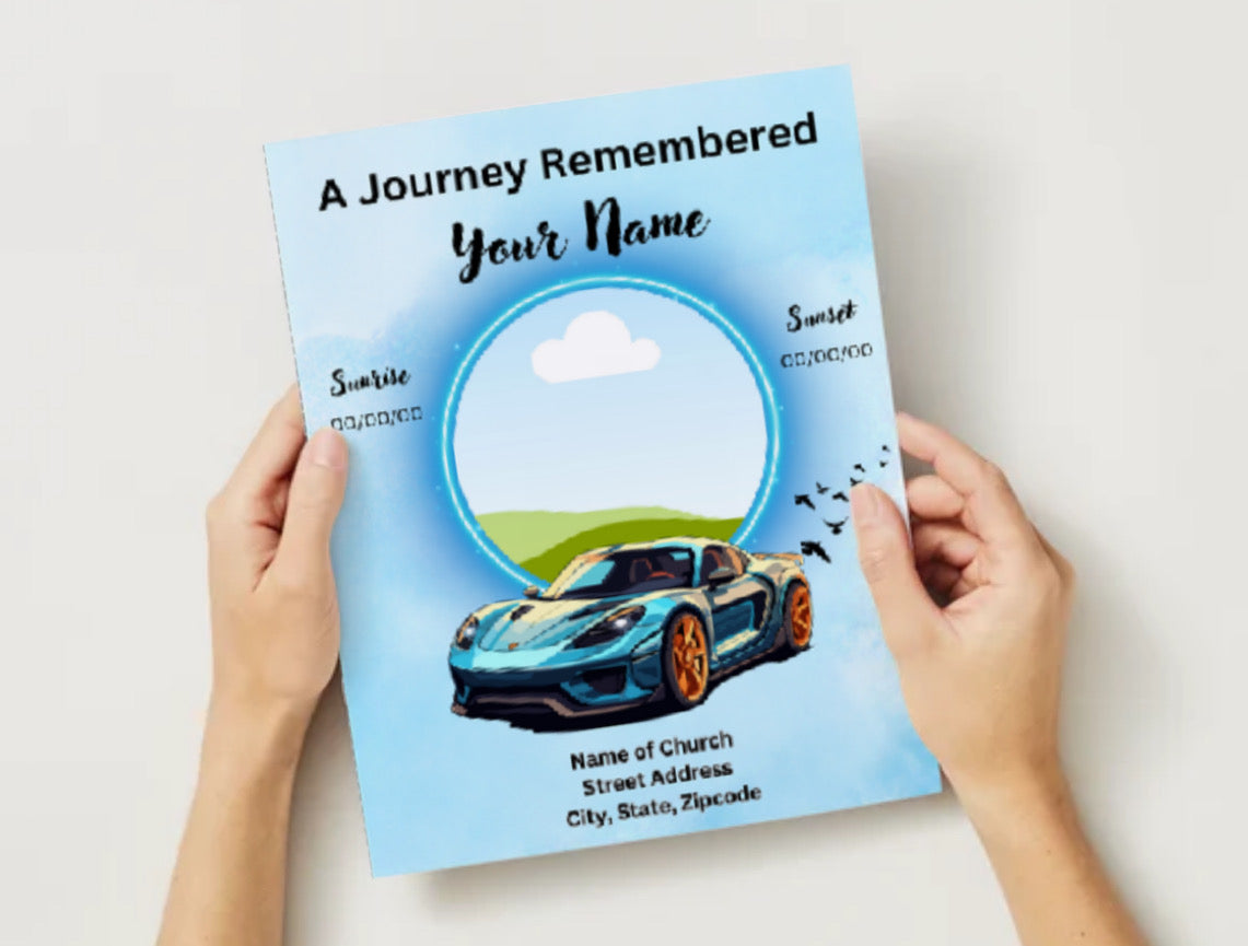 Race Car Themed Boy Obituary Template – Editable 4-Page Canva Funeral Program
