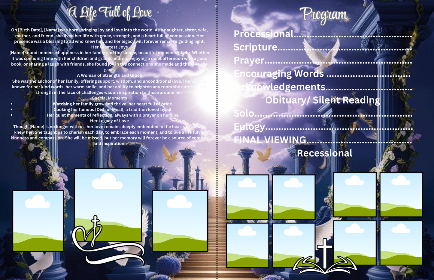 A Life Full of Love - Elegant Editable Canva Obituary Template (Heavenly Sky Theme)