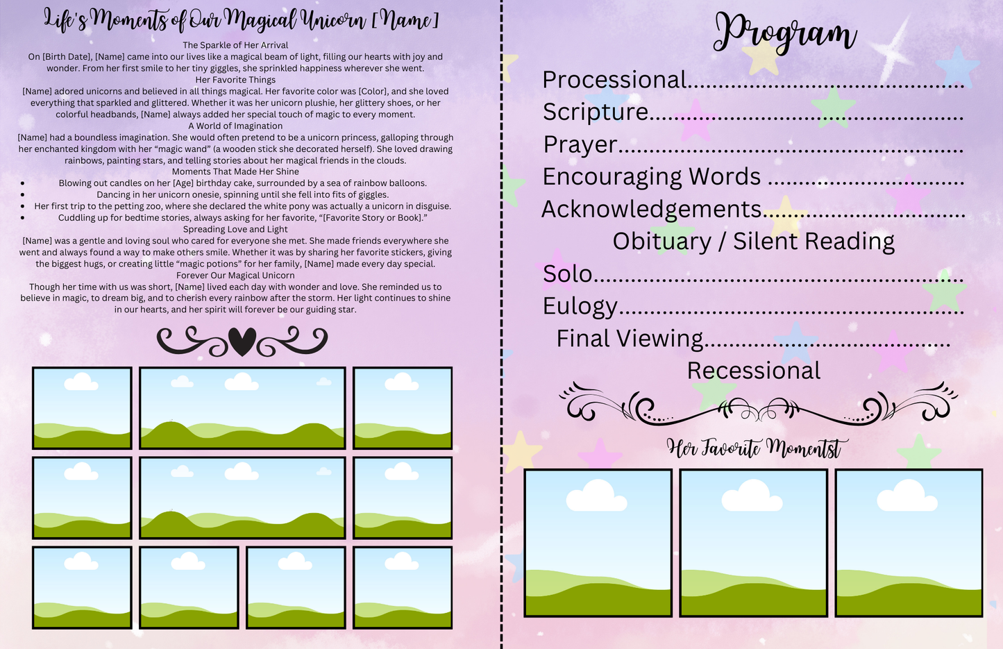 🦄 Forever Our Little Dreamer | Editable Unicorn-Themed 4-Page Canva Obituary Template