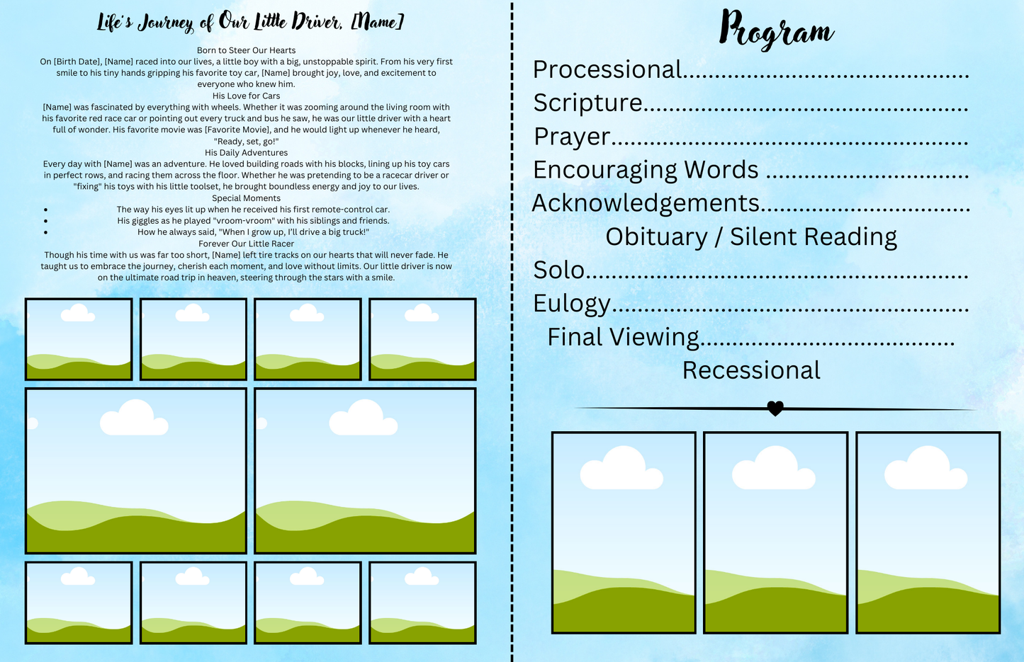 Race Car Themed Boy Obituary Template – Editable 4-Page Canva Funeral Program