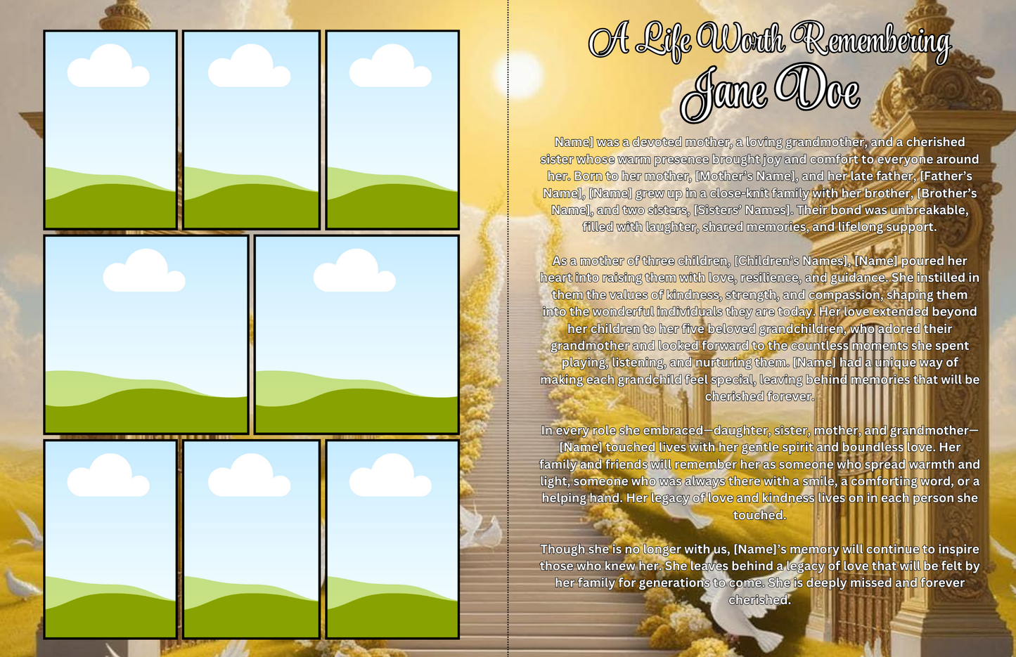 Golden Gates of Glory” – Editable 8-Page Canva Obituary Template | Gold & White Memorial Program