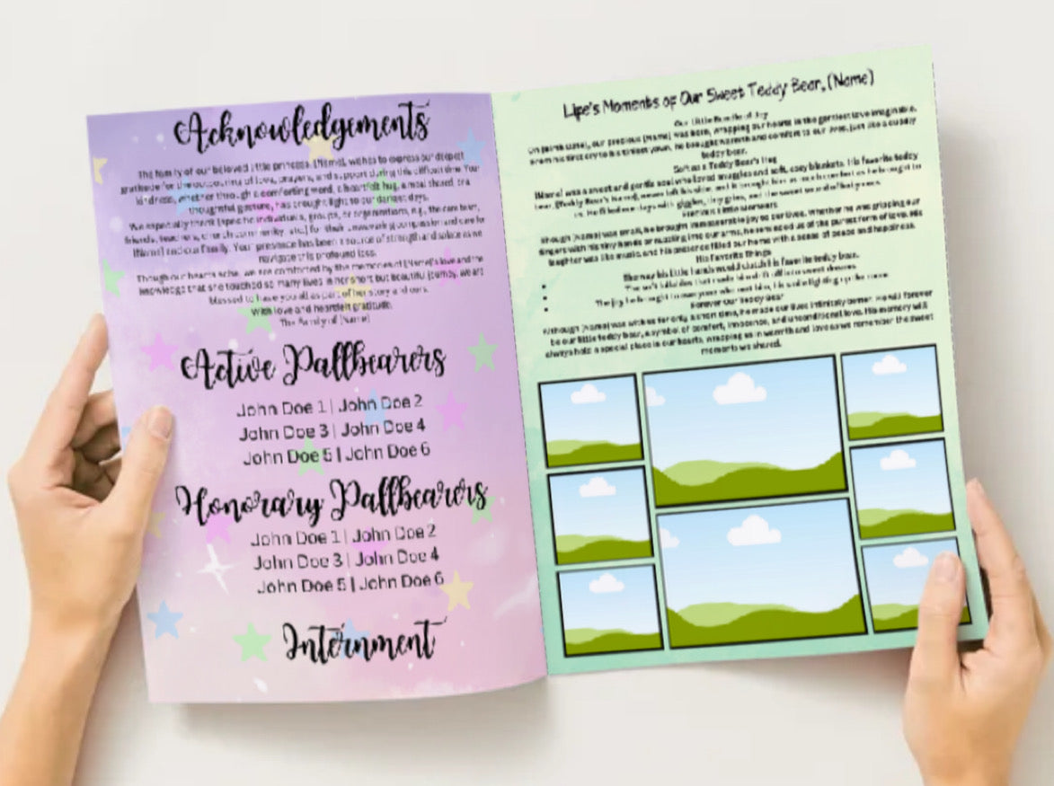 🦄 Forever Our Little Dreamer | Editable Unicorn-Themed 4-Page Canva Obituary Template