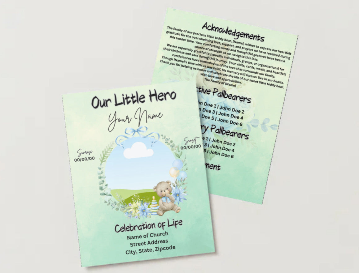 Our Little Hero™ – Editable Teddy Bear Baby Boy Obituary Template
