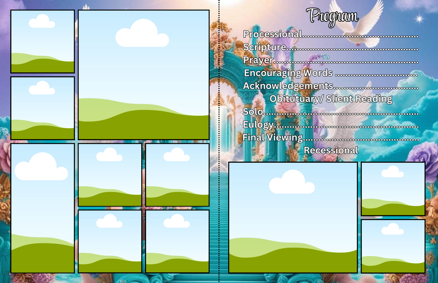 Editable Celestial Heaven Gates Obituary Template | 8-Page Pink and Blue Memorial Program | Canva Digital Funeral Booklet