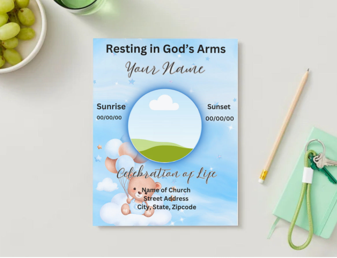 Teddy Bear in Heaven™ – Editable Baby Boy Obituary Template for Canva