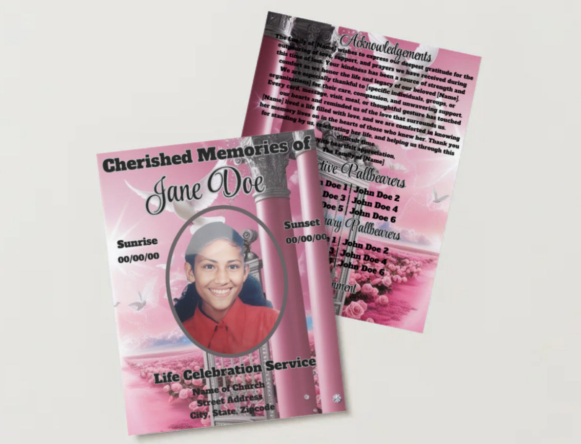 Cherished Memories: Elegant Pink Rose Obituary Canva Template