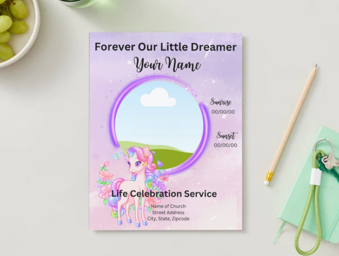 🦄 Forever Our Little Dreamer | Editable Unicorn-Themed 4-Page Canva Obituary Template