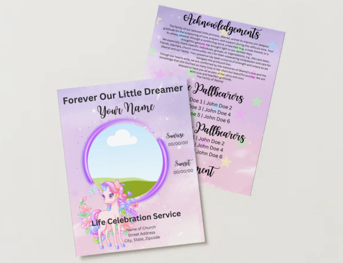 🦄 Forever Our Little Dreamer | Editable Unicorn-Themed 4-Page Canva Obituary Template