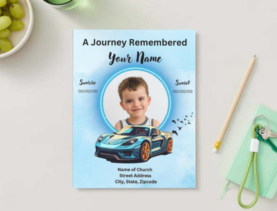 Race Car Themed Boy Obituary Template – Editable 4-Page Canva Funeral Program