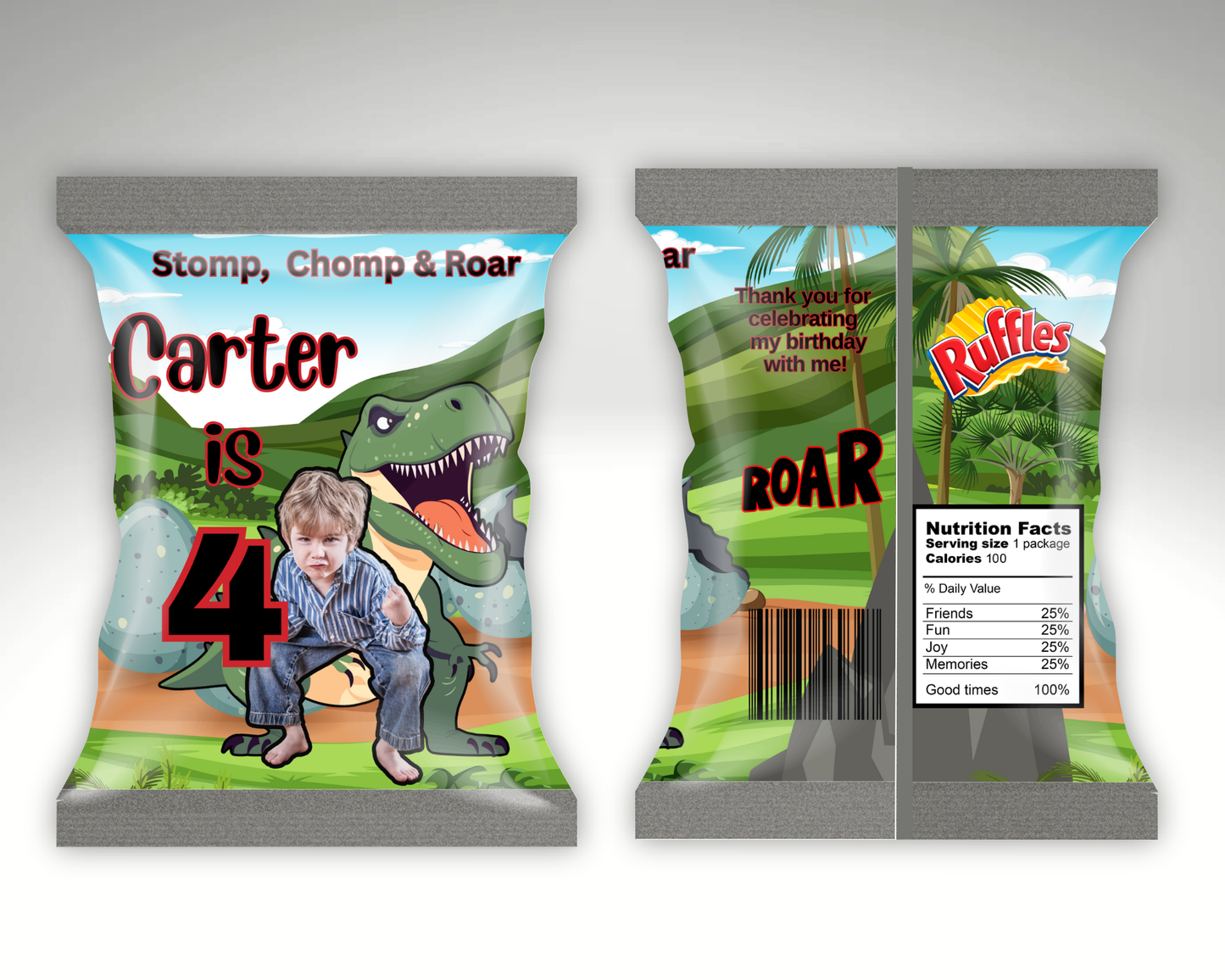 Editable “Stomp, Chomp & Roar” Dinosaur Birthday Chip Bag Template – Dino Party Favor for 4th Birthday