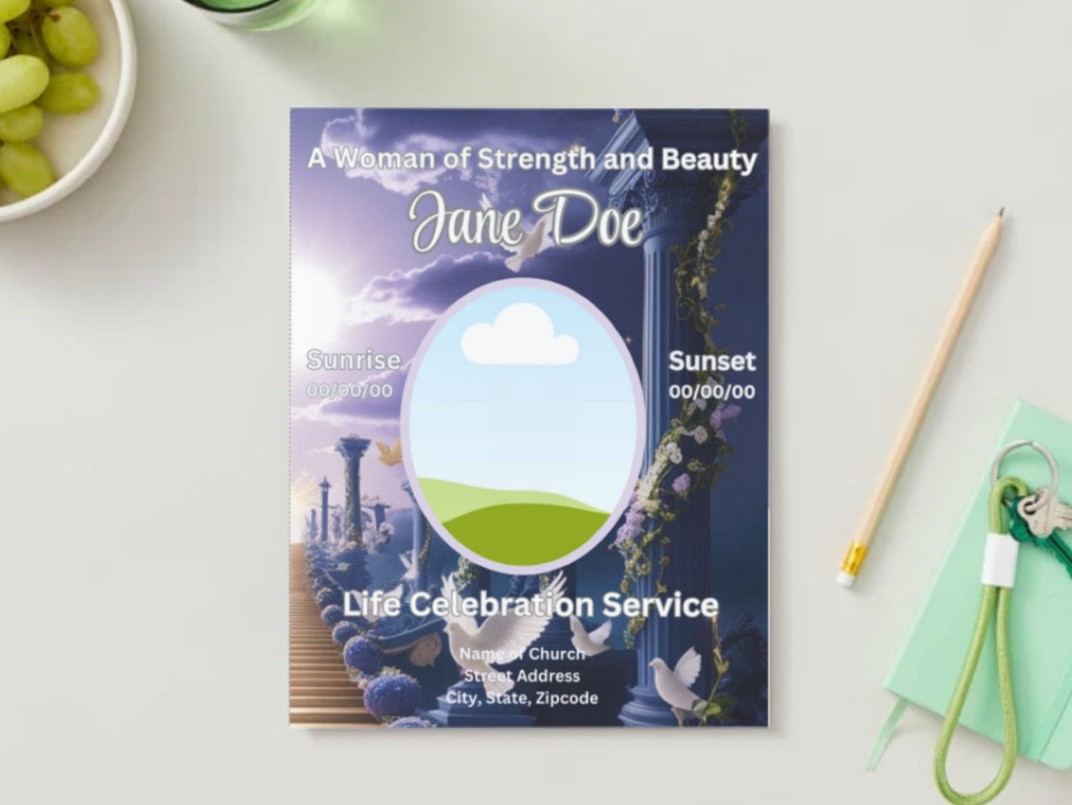 A Life Full of Love - Elegant Editable Canva Obituary Template (Heavenly Sky Theme)