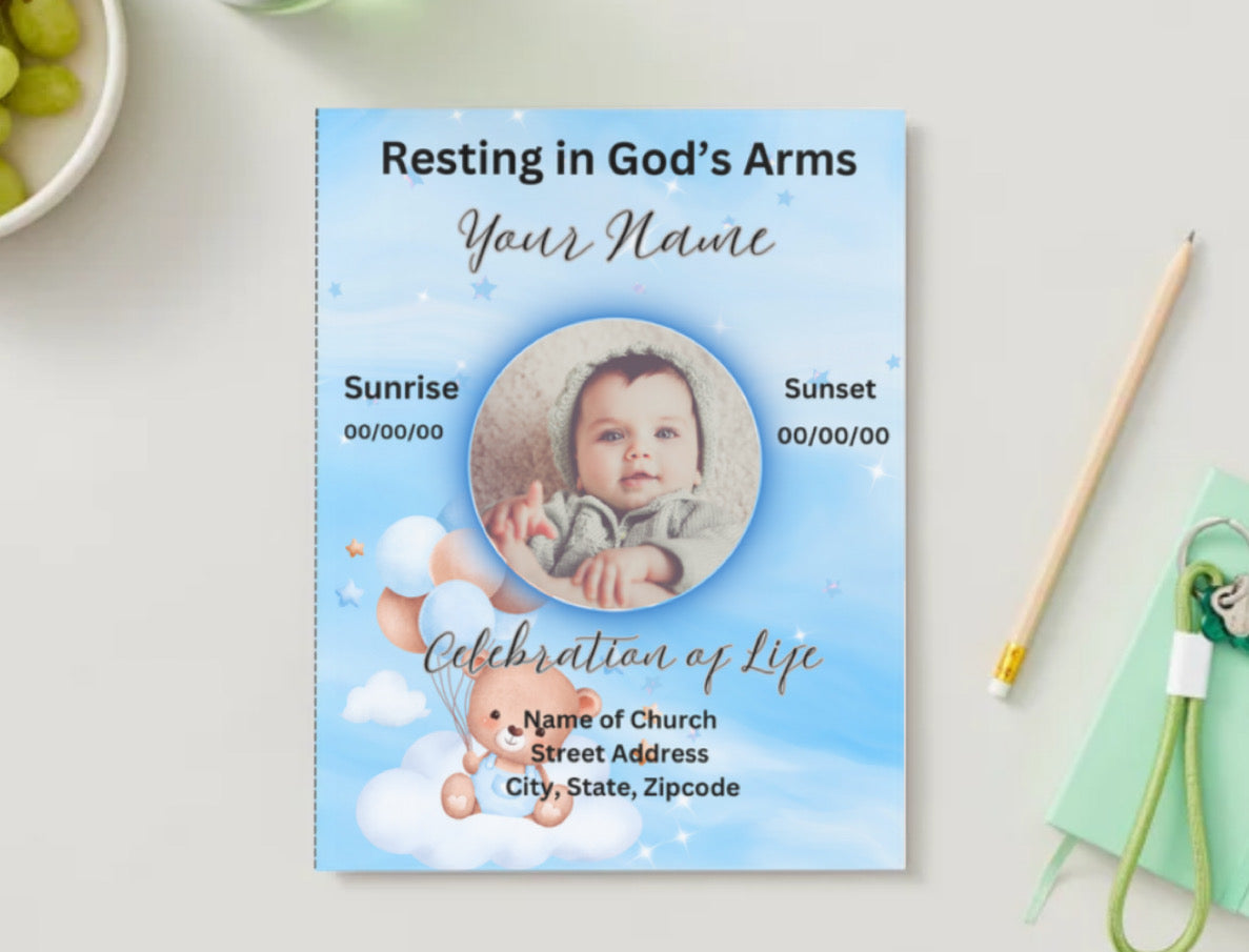 Teddy Bear in Heaven™ – Editable Baby Boy Obituary Template for Canva