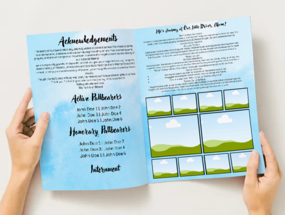 Race Car Themed Boy Obituary Template – Editable 4-Page Canva Funeral Program