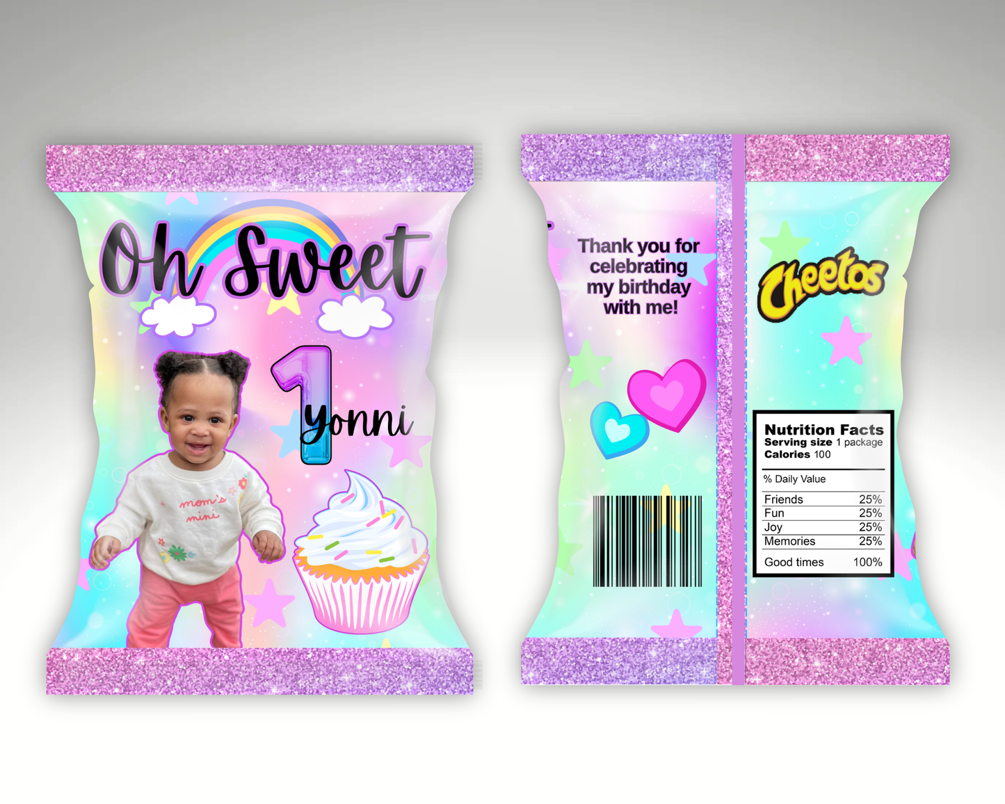 Editable “Oh Sweet 1” Chip Bag Template – Pastel Rainbow & Cupcake First Birthday