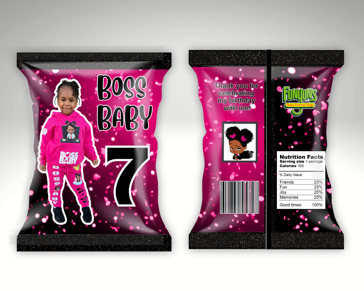 Editable “Boss Baby Turns 7” Chip Bag Template – Pink Sparkle Girl Birthday Favor