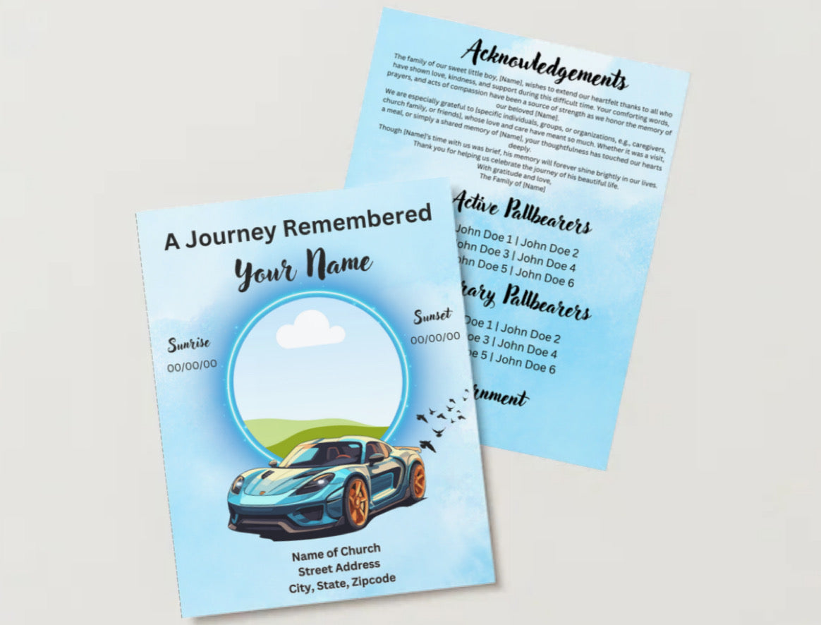 Race Car Themed Boy Obituary Template – Editable 4-Page Canva Funeral Program