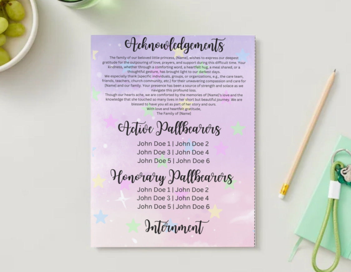 🦄 Forever Our Little Dreamer | Editable Unicorn-Themed 4-Page Canva Obituary Template