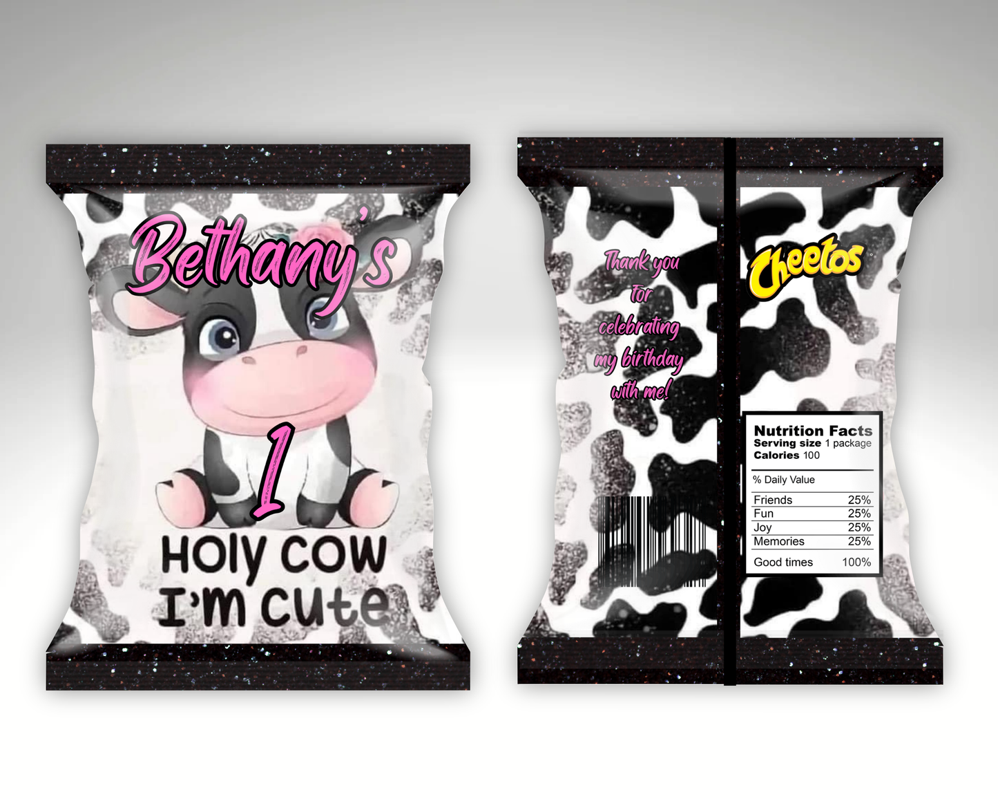 Editable “Holy Cow I’m Cute” Cow-Themed 1st Birthday Chip Bag Template – Pink & Black Glitter Farm Party Favor