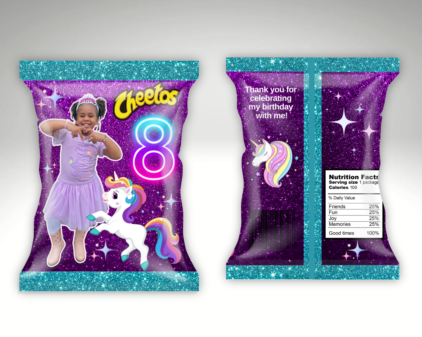 Editable “Magical Unicorn 8th Birthday” Chip Bag Template – Purple Glitter Party Favor for Girls