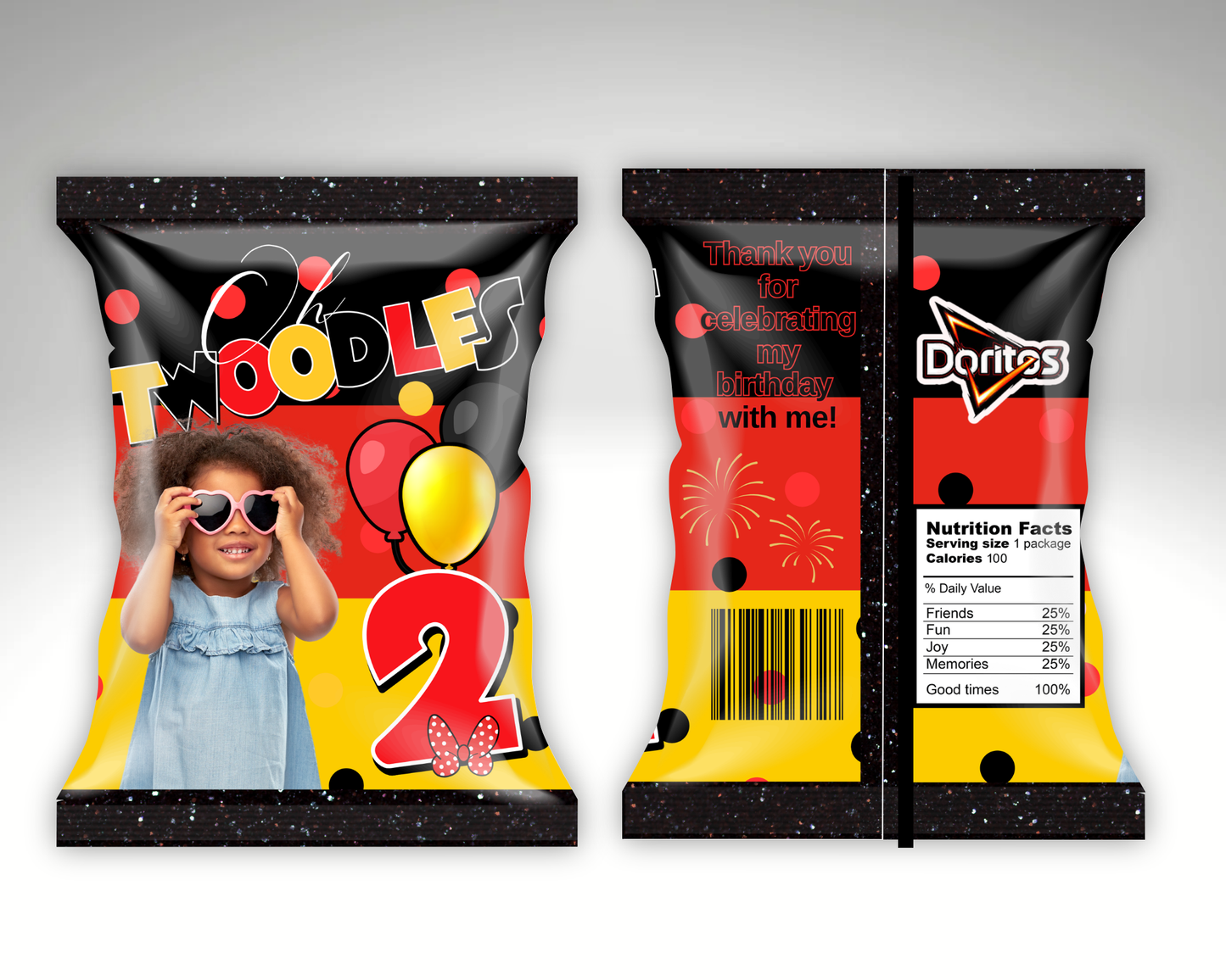 Editable “Oh TWOdles” 2nd Birthday Chip Bag Template – Red, Black & Yellow Minnie-Inspired Party Favor