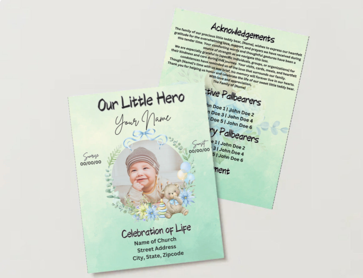 Our Little Hero™ – Editable Teddy Bear Baby Boy Obituary Template