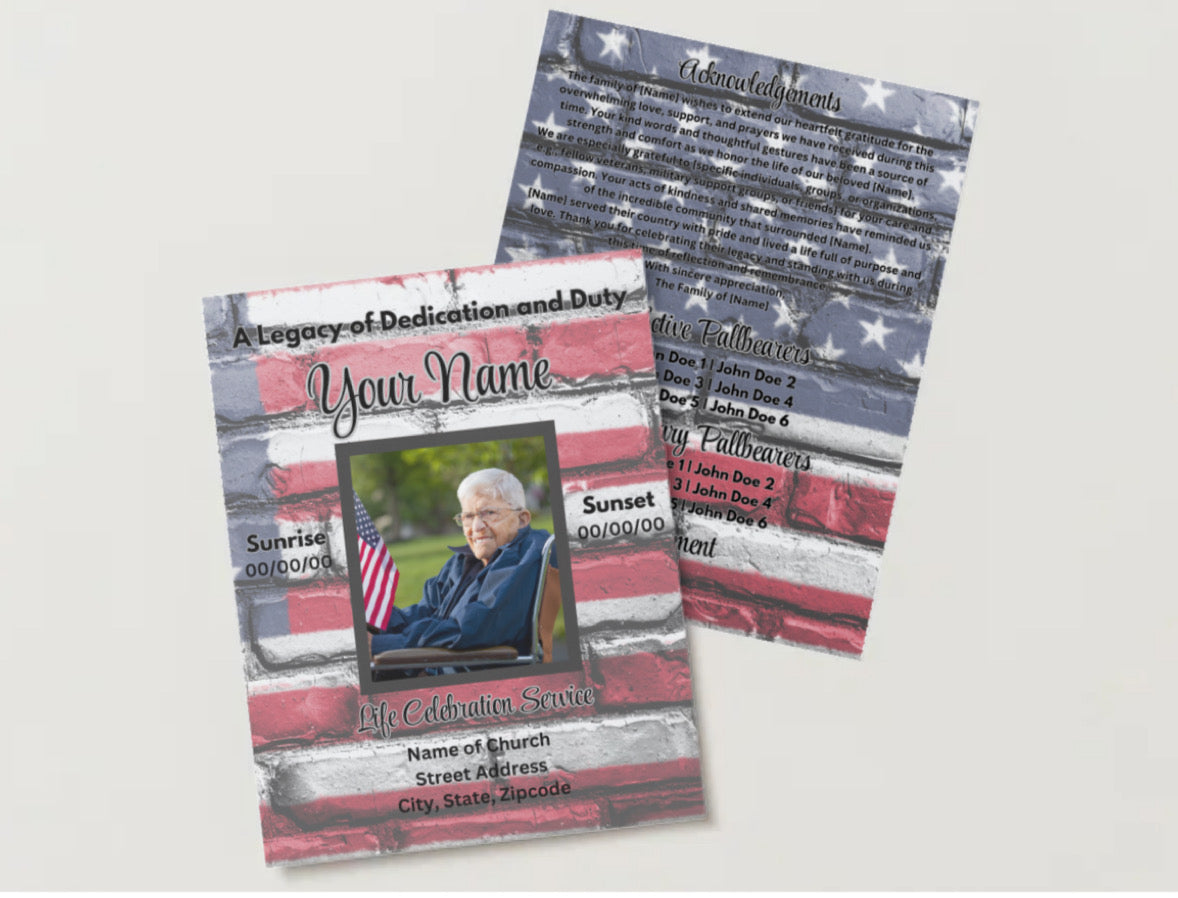 Forever in Service” – Editable 8-Page Canva Obituary Template | Veteran & Military Memorial Program