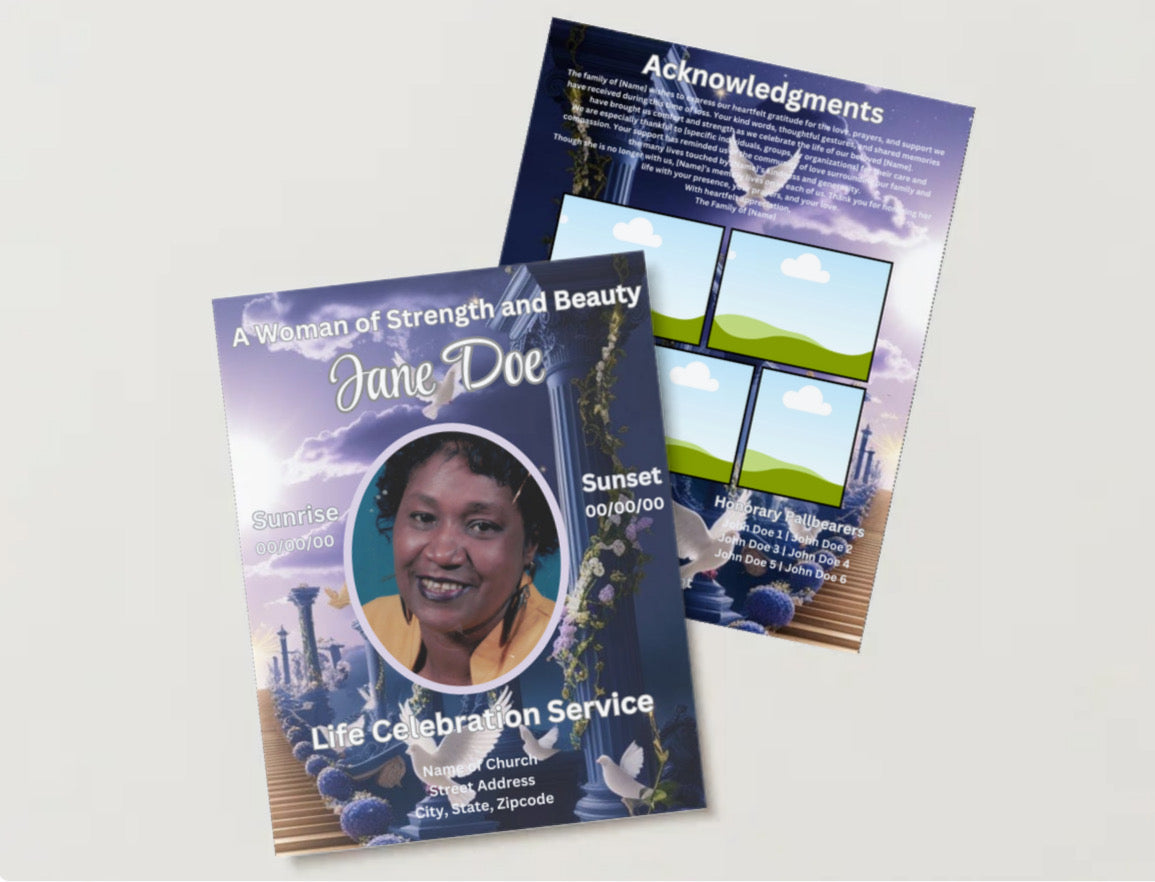 A Life Full of Love - Elegant Editable Canva Obituary Template (Heavenly Sky Theme)