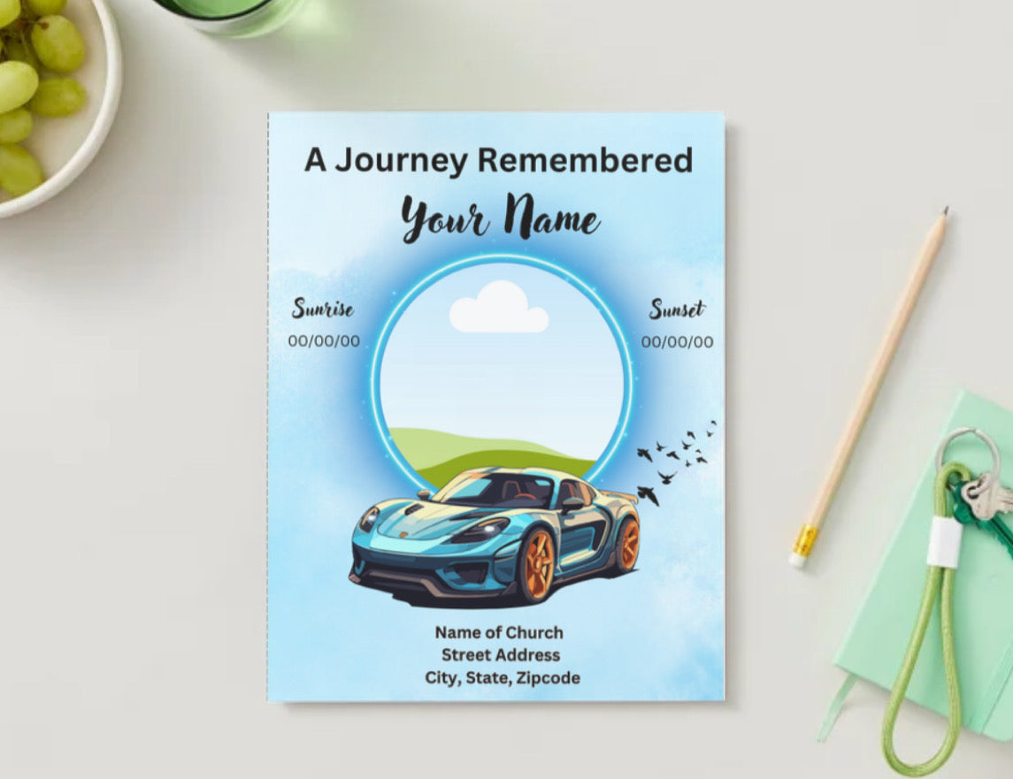 Race Car Themed Boy Obituary Template – Editable 4-Page Canva Funeral Program