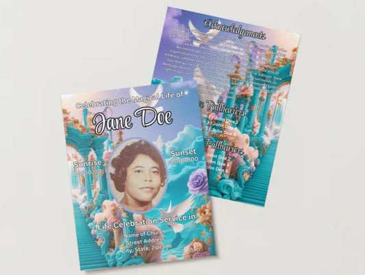 Editable Celestial Heaven Gates Obituary Template | 8-Page Pink and Blue Memorial Program | Canva Digital Funeral Booklet