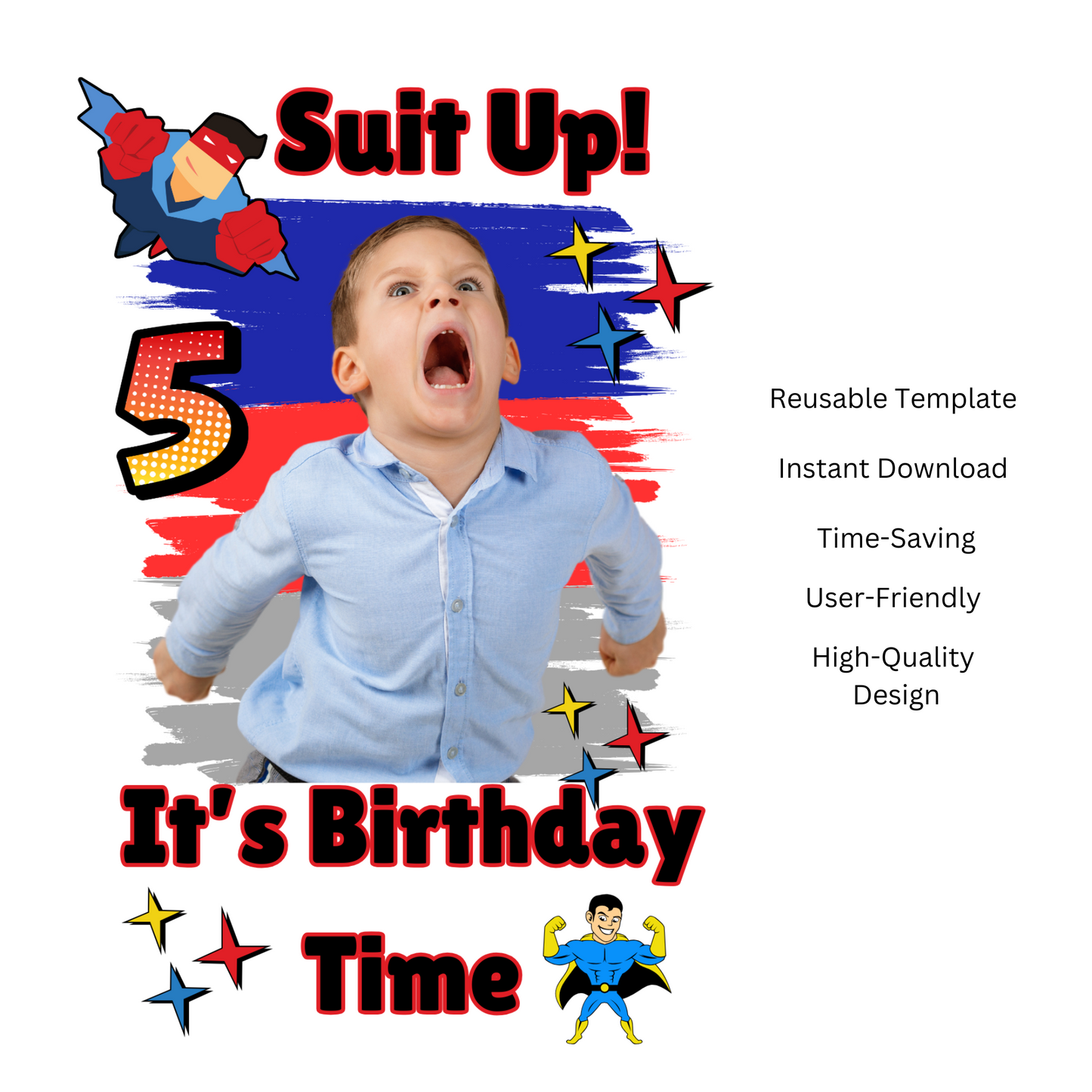 Suit Up! – Editable Canva Superhero Birthday Shirt Template for Boys