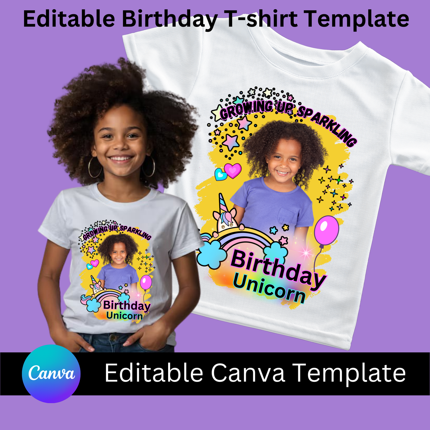 Growing Up Sparkling – Editable Canva Unicorn Birthday T-Shirt Template for Girls