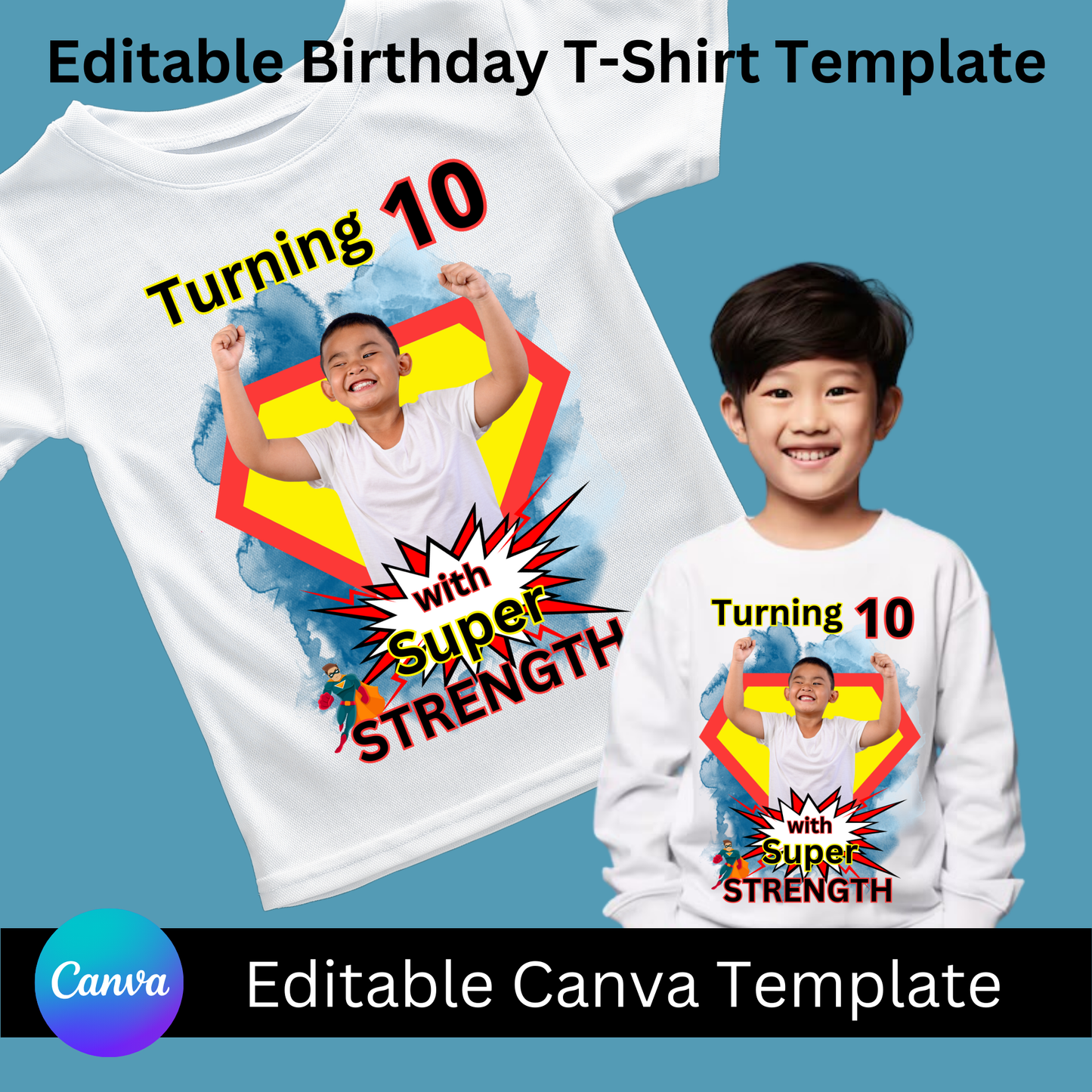 Super Strength – Editable Superhero Birthday T-Shirt Template for Boys (Canva)