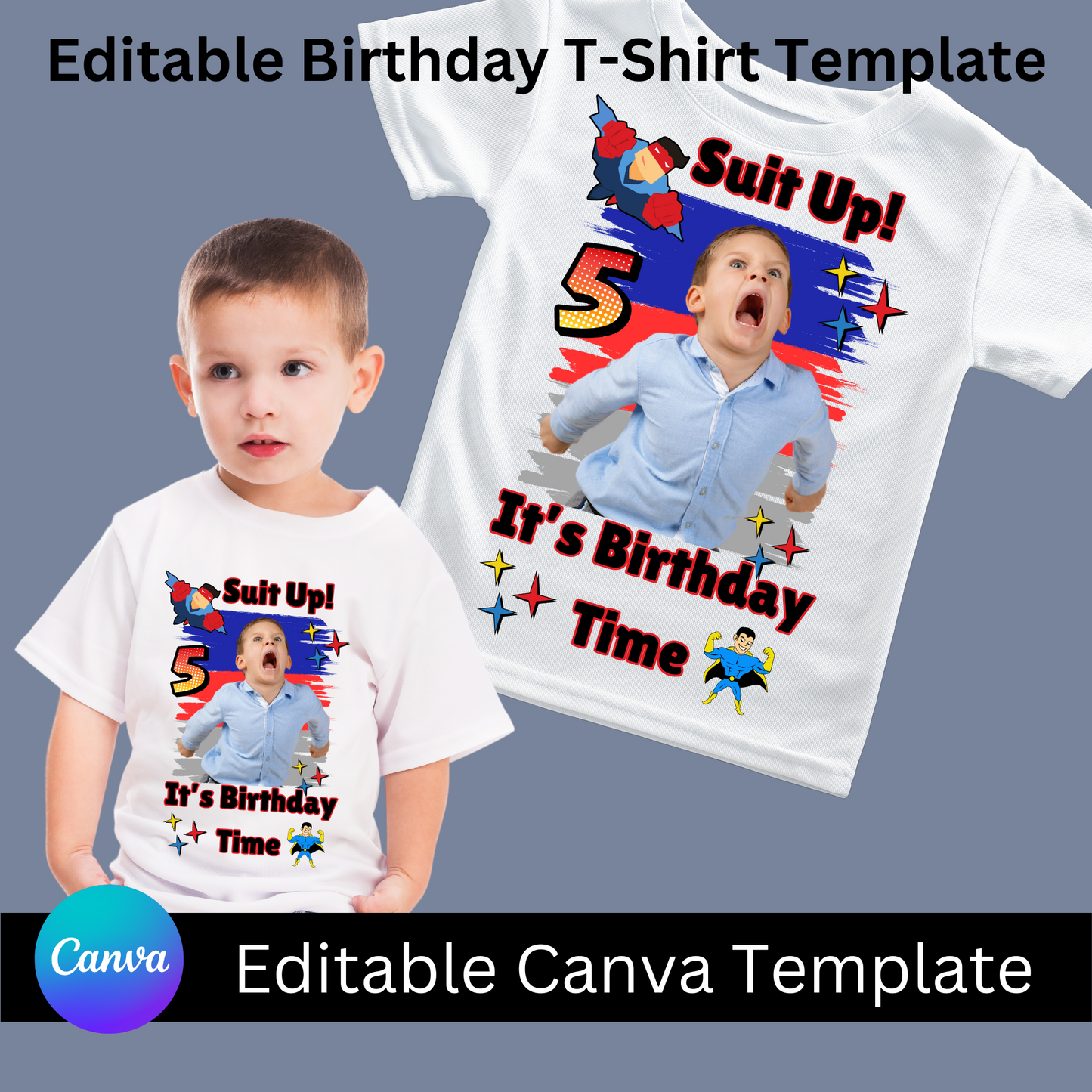 Suit Up! – Editable Canva Superhero Birthday Shirt Template for Boys