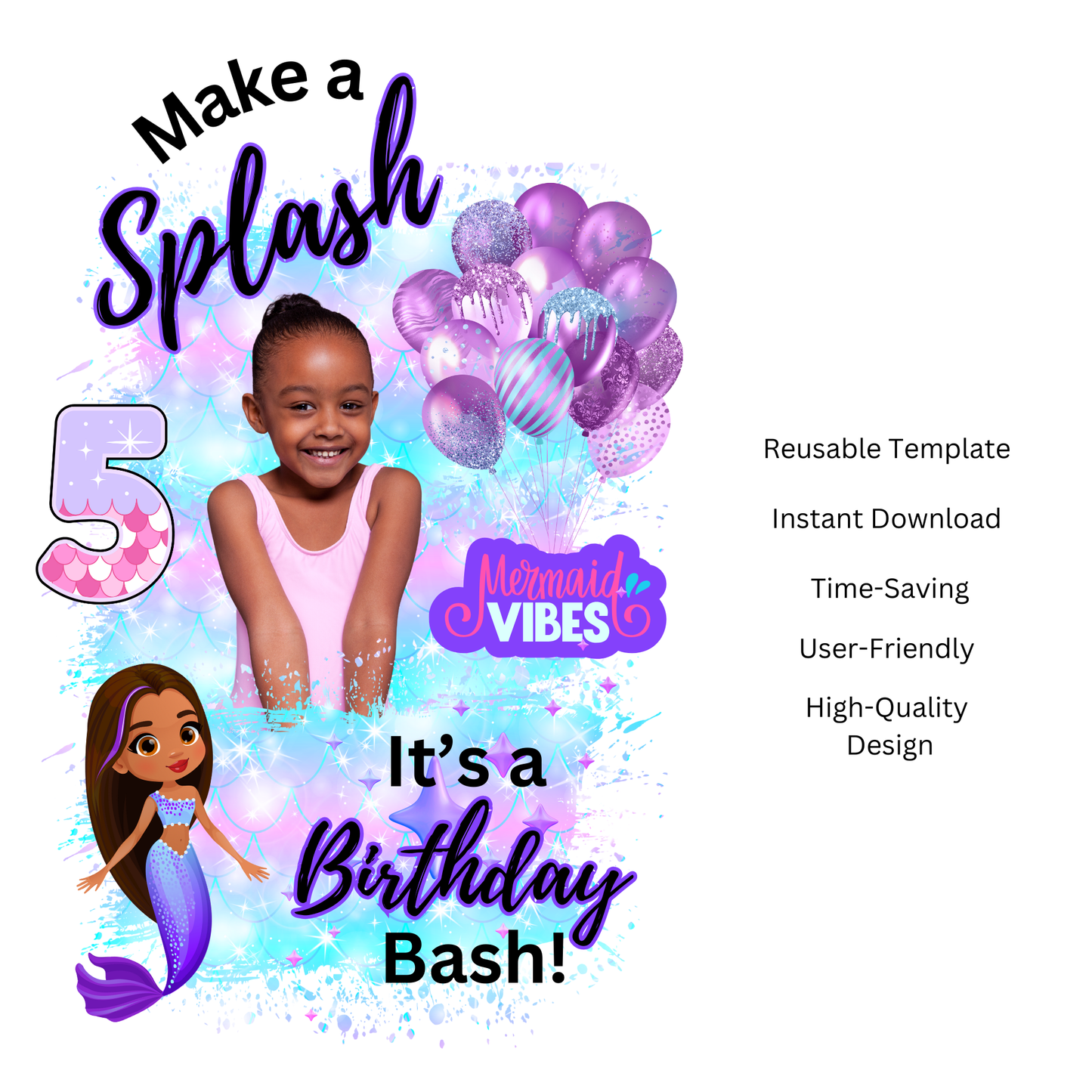 Make a Splash – Editable Mermaid Birthday T-Shirt Template for Girls (Canva)