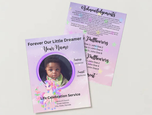 🦄 Forever Our Little Dreamer | Editable Unicorn-Themed 4-Page Canva Obituary Template