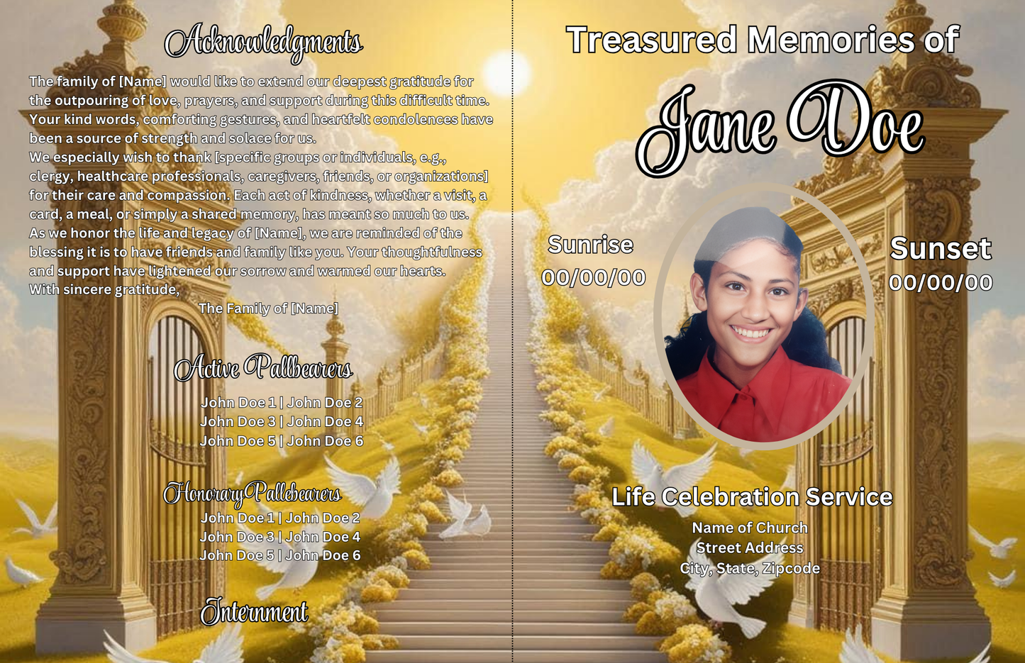 Golden Gates of Glory” – Editable 8-Page Canva Obituary Template | Gold & White Memorial Program