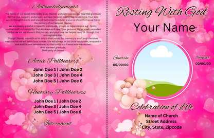 Pink Teddy Bear Baby Girl Obituary Template | 4-Page Editable Canva Memorial Program